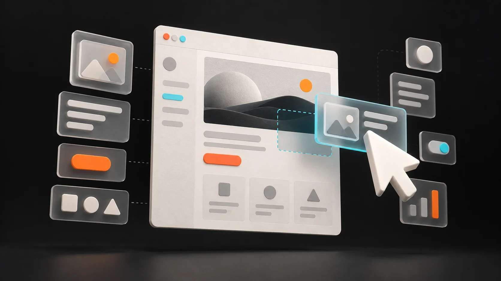 A screen mockup with component cards around it, and a cursor dragging one of them onto the screen.